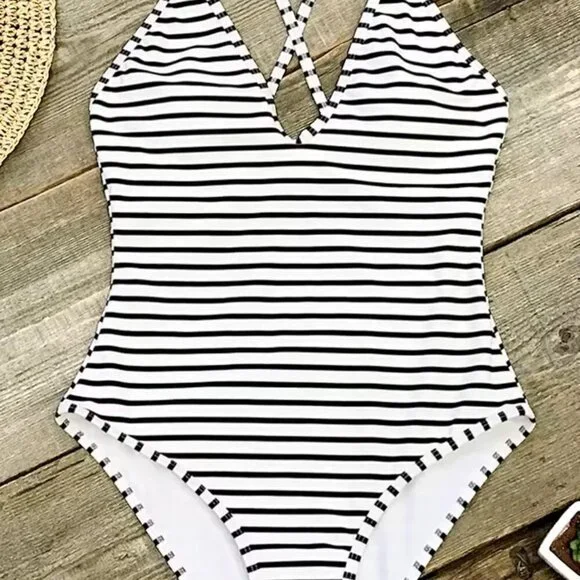 Blue Stripe One Piece Racer Back Swimsuit Bathing Suit NWT - Picture 6 of 7